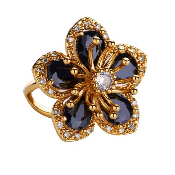 Anthropologie Blossom Black Floral Gold Adjustable Ring - Picture 1 of 7